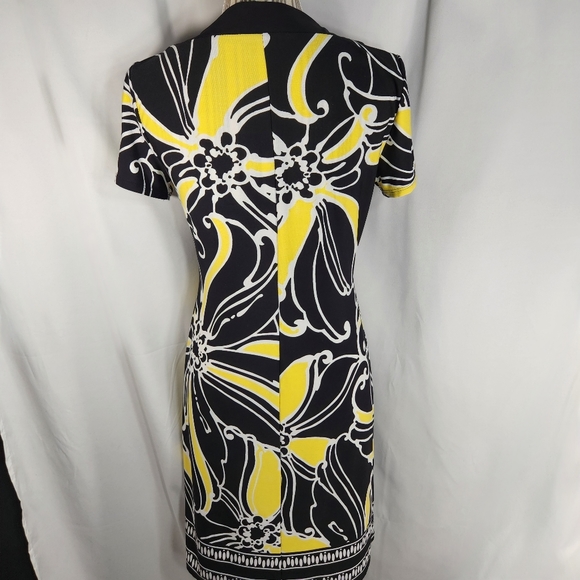 Tiana B. Black Yellow White Floral Short Sleeve Zipper Front Neck Dress Sz Small - Picture 6 of 8